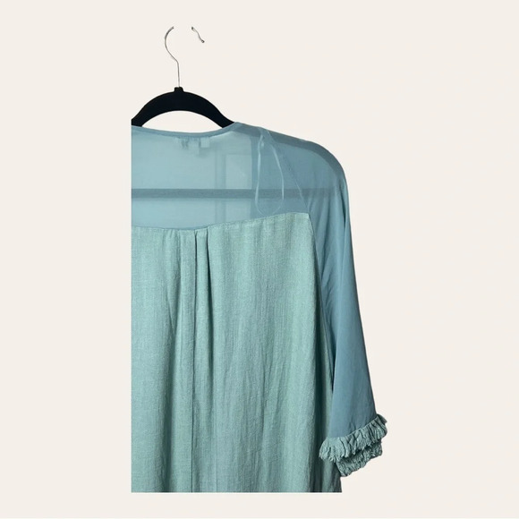 1182. Umgee LINEN BLEND KIMONO SHORT SLEEVES FRAY HEMS SIZE SMALL/MEDIUM GREEN - Picture 11 of 13